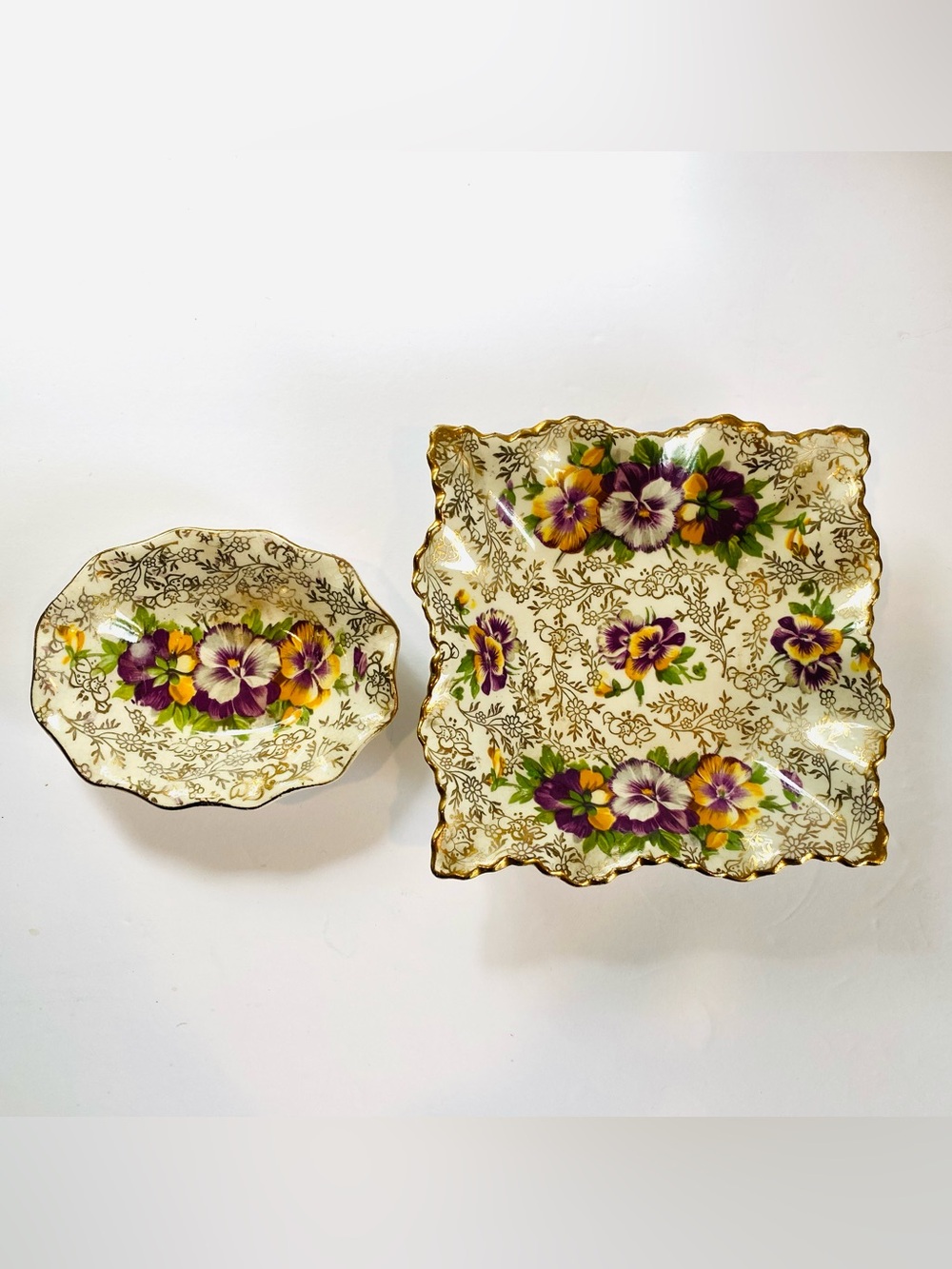 James Kent Vintage Trinket Dish set of 2 Floral, Gold trim